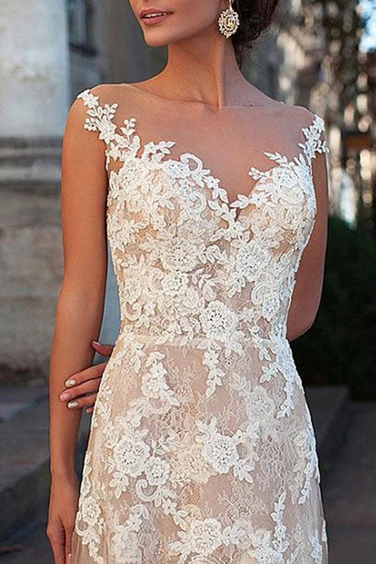 Wedding Dress Column Chic V-Neck Sleeveless Long Lace Tulle Sexy Backless Bridal Gown With Train - Image 3