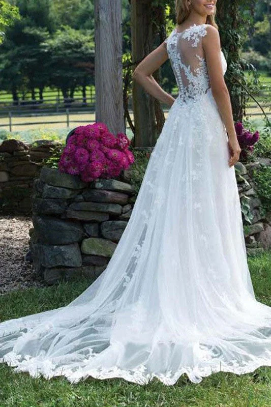 Wedding Dress Lace Chic V-Neck Sleeveless Column Long Bridal Gown With Court Train - Image 2