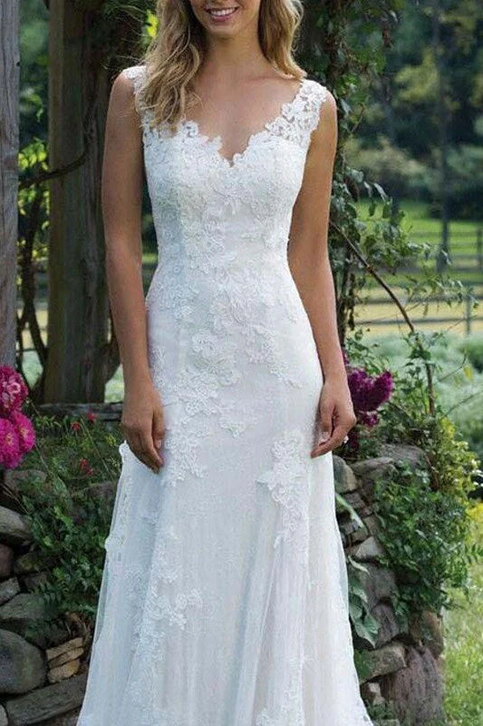 Wedding Dress Lace Chic V-Neck Sleeveless Column Long Bridal Gown With Court Train - Image 3