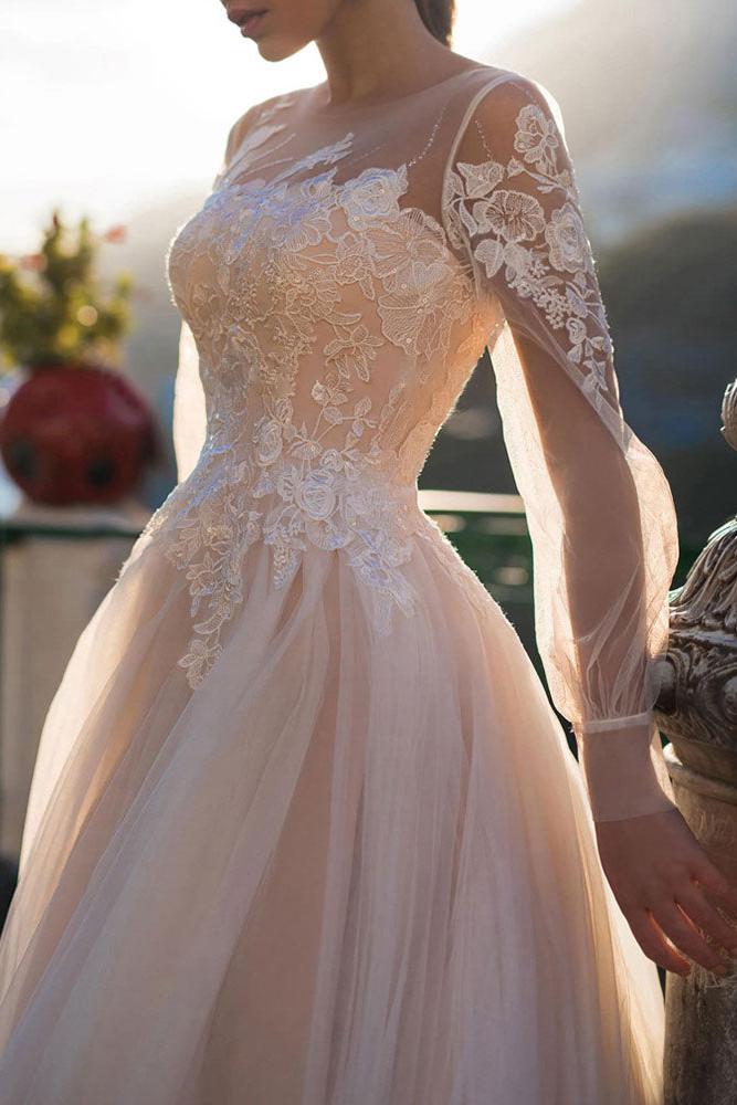 Wedding Dresses A-line Illusion Neck Long Sleeve Long Tulle Pleated Bridal Dress With Train - Image 2