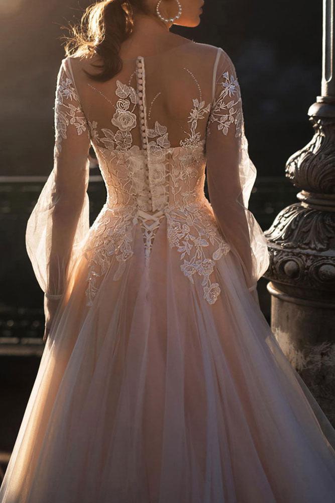 Wedding Dresses A-line Illusion Neck Long Sleeve Long Tulle Pleated Bridal Dress With Train - Image 3