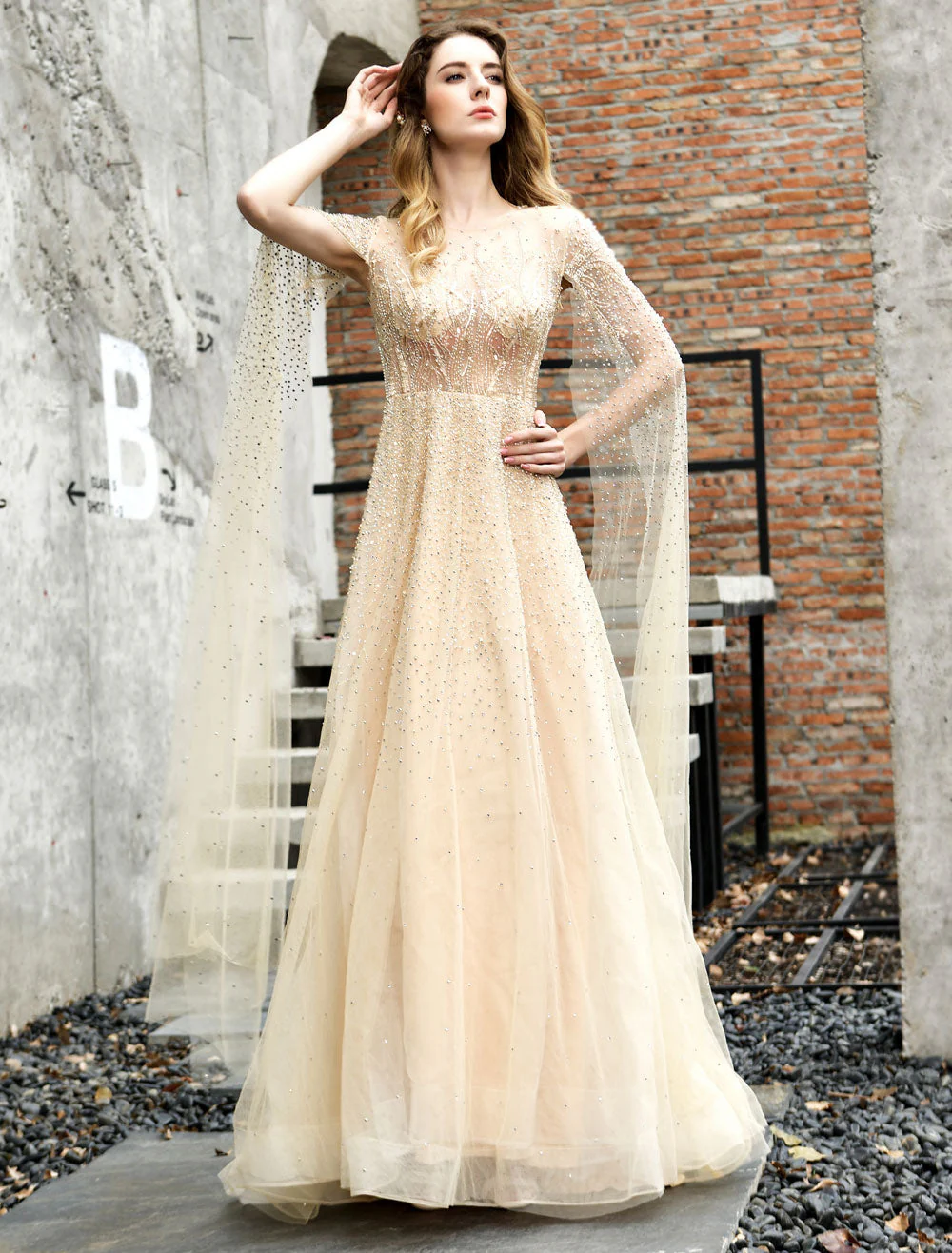 Stunning Wedding Dresses A Line Sweep Short Sleeves Beaded Jewel Neck Tulle Bridal Dresses - Image 7