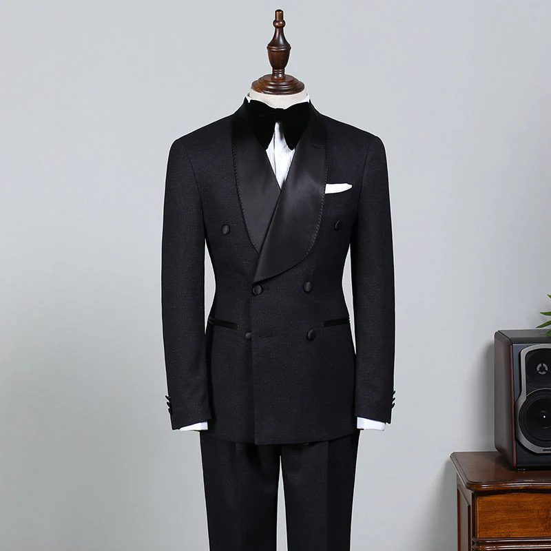 Well-cut All Black Double Breasted Bespoke Wedding Suit For Grooms - Image 2