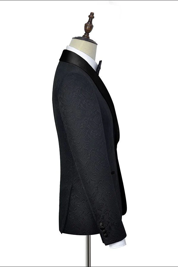Well-cut Black Jacquard Wedding Tuxedo for Men Shawl Lapel Silk One Button Wedding Suits - Image 4