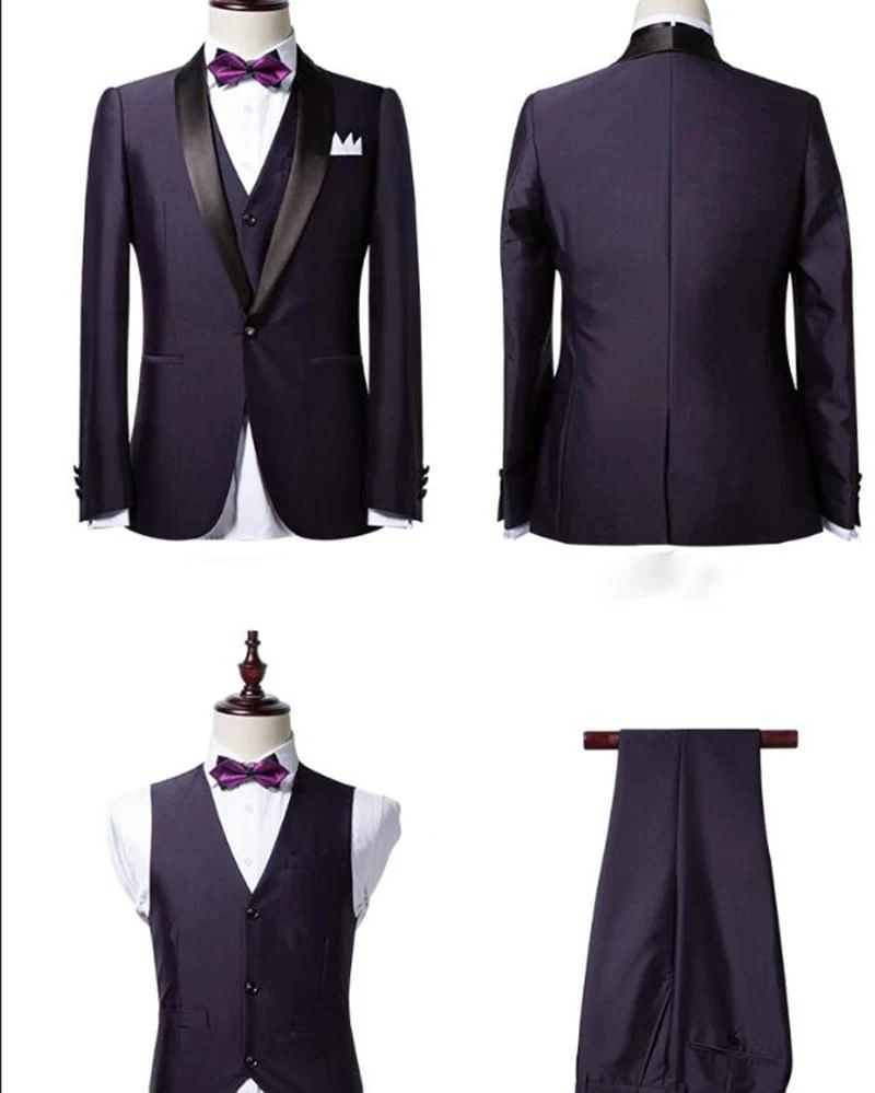 Well-cut Dark Purple Shawl Lapel Black Wedding Tuxedo Bespoke Prom Dress Suit Three-pieces - Image 2