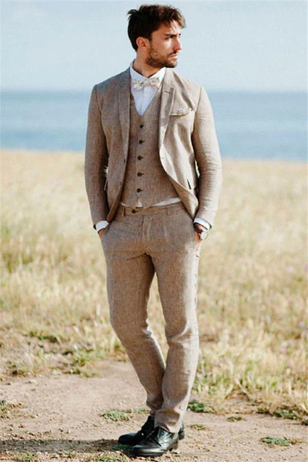 Well-cut Khaki Linen Summer Beach Mens Suits Groom Wedding Tuxedos with Three-pieces - Image 2