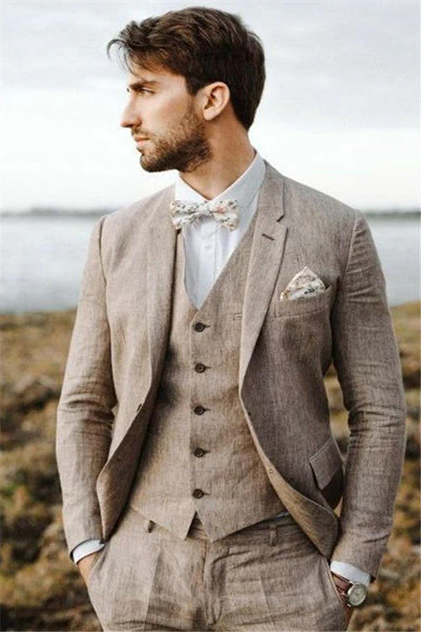 Well-cut Khaki Linen Summer Beach Mens Suits Groom Wedding Tuxedos with Three-pieces - Image 3