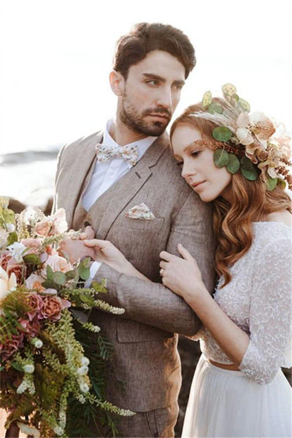 Well-cut Khaki Linen Summer Beach Mens Suits Groom Wedding Tuxedos with Three-pieces - Image 4