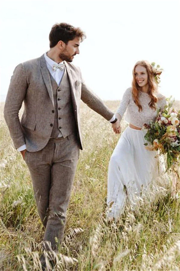 Well-cut Khaki Linen Summer Beach Mens Suits Groom Wedding Tuxedos with Three-pieces - Image 5