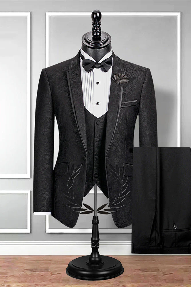 Well-cut Notch Lapel Black Groom Suit Slim Fit Jacquard Wedding Tuxedo - Image 2