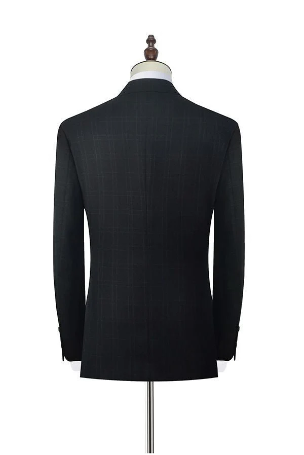 Well-cut Peak Lapel Plaid Two Button Black Mens Suits for Business - Image 2