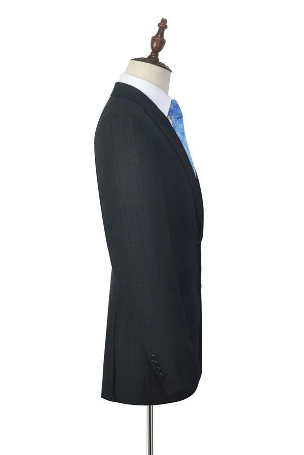 Well-cut Peak Lapel Plaid Two Button Black Mens Suits for Business - Image 5