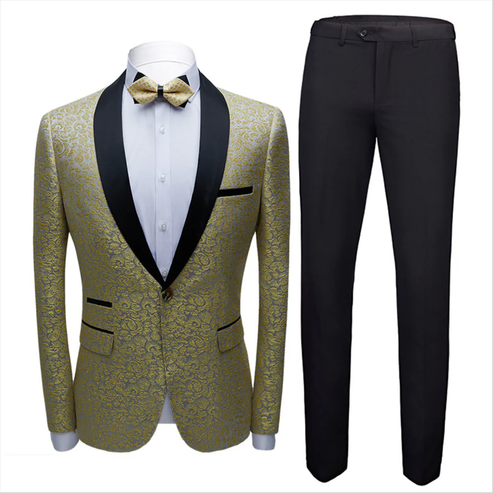 Well-dressed Black Satin Shawl Lapel Marriage Suits Gold Jacquard Men Wedding Tuxedos - Terence - Image 3