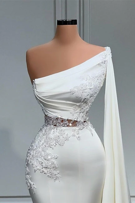 White Asymmetric One Shoulder Mermaid Stretch Satin Evening Prom Dresses - Image 2