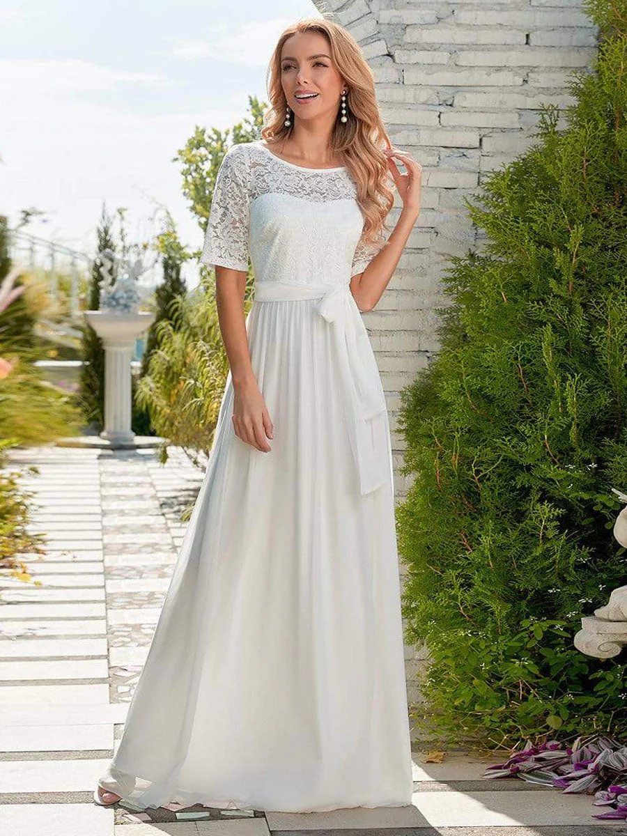 White Casual Wedding Dress Chiffon Jewel Neck Short Sleeves Sash A-Line Long Bridal Gowns - Image 3