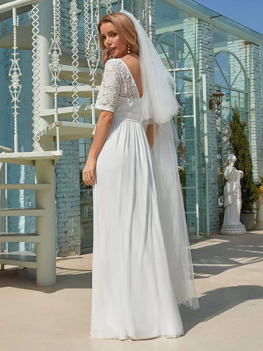 White Casual Wedding Dress Chiffon Jewel Neck Short Sleeves Sash A-Line Long Bridal Gowns - Image 4