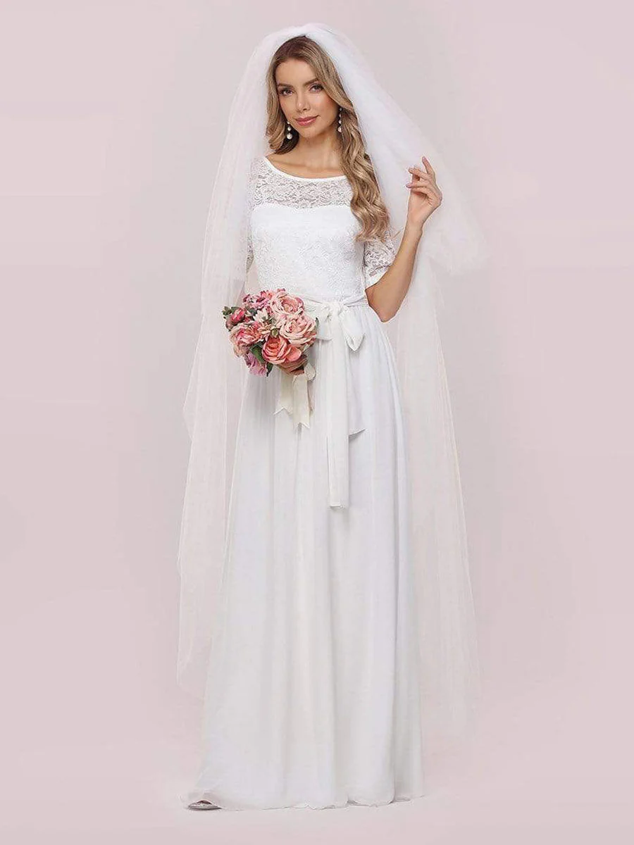 White Casual Wedding Dress Chiffon Jewel Neck Short Sleeves Sash A-Line Long Bridal Gowns - Image 5