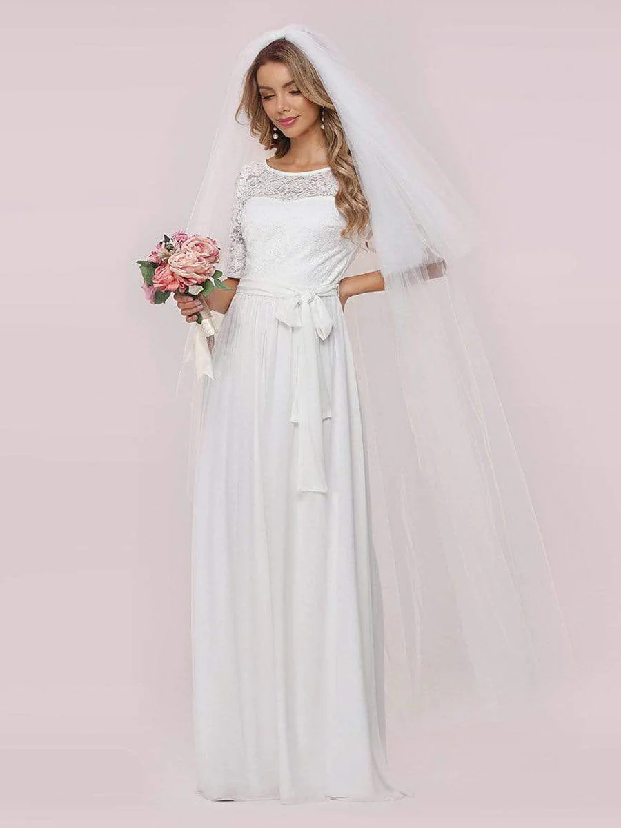 White Casual Wedding Dress Chiffon Jewel Neck Short Sleeves Sash A-Line Long Bridal Gowns - Image 6