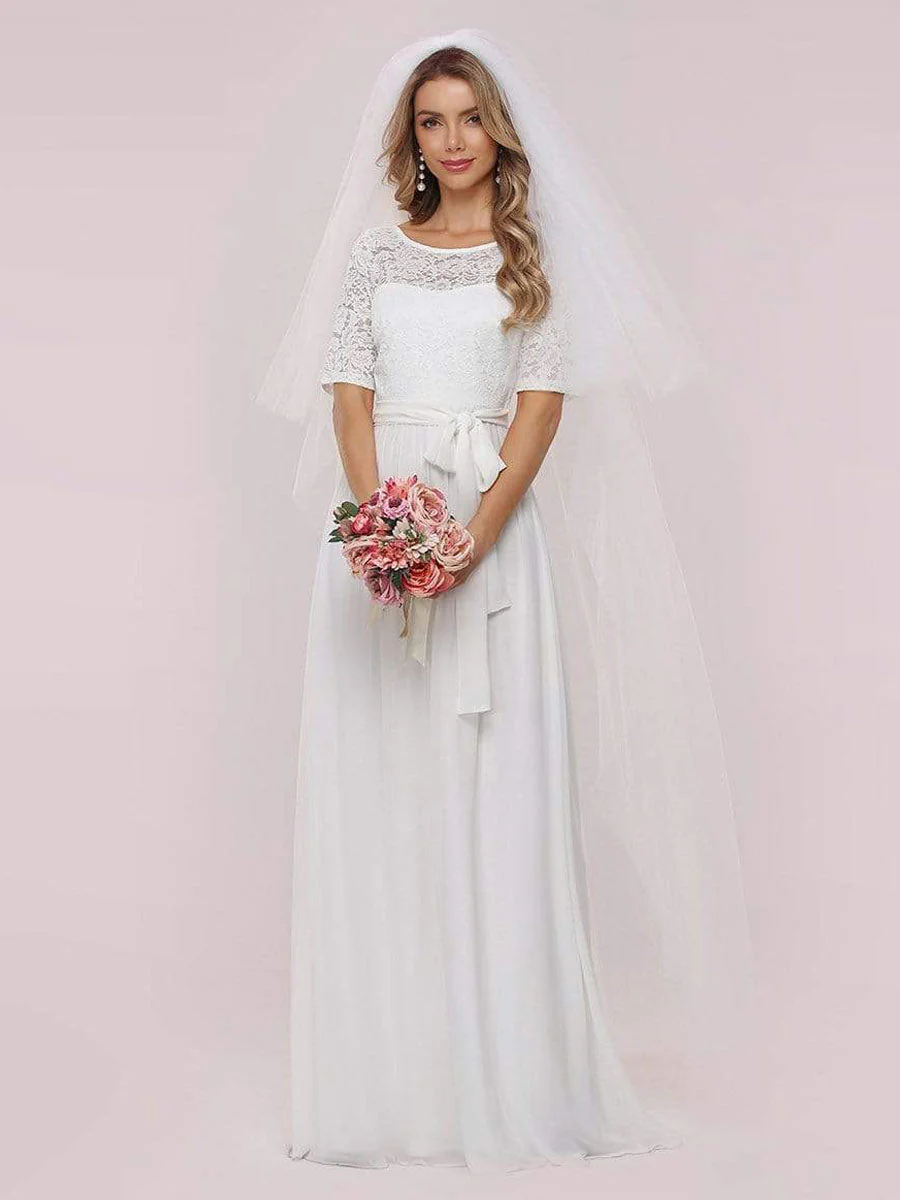 White Casual Wedding Dress Chiffon Jewel Neck Short Sleeves Sash A-Line Long Bridal Gowns - Image 7