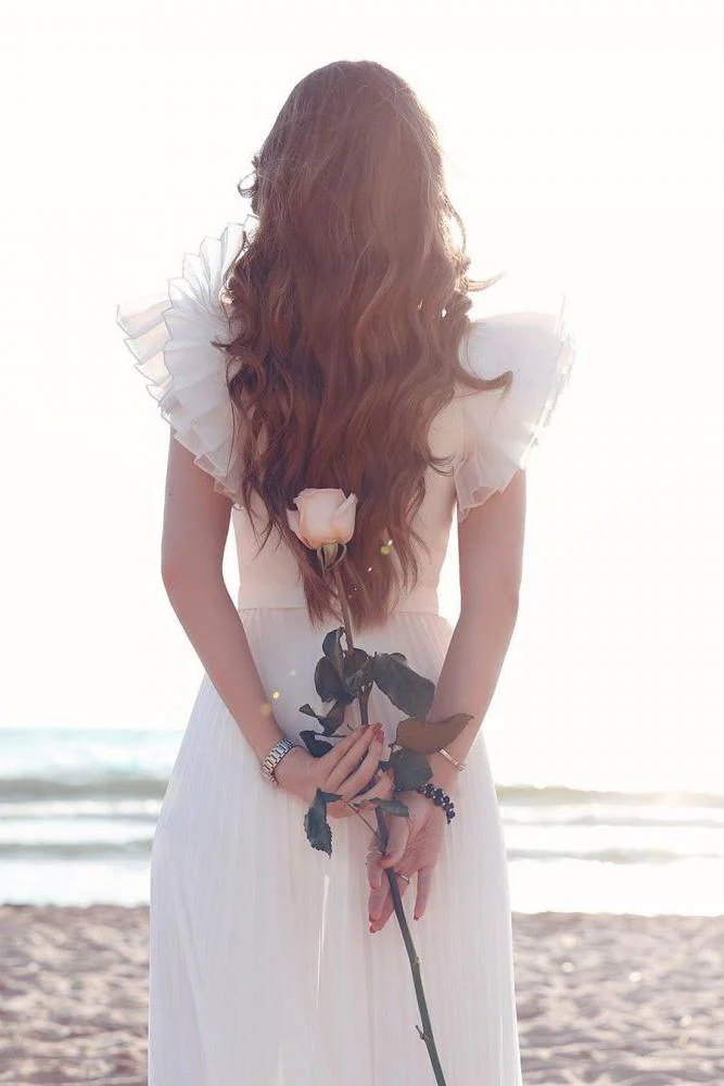 White Chiffon Ruffless Sleeves V neck Summer Beach Wedding Dress - Image 2