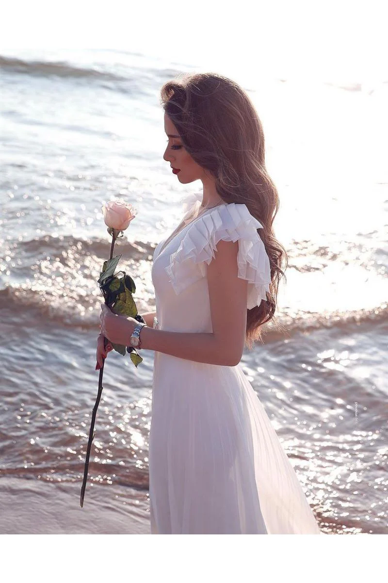 White Chiffon Ruffless Sleeves V neck Summer Beach Wedding Dress - Image 3