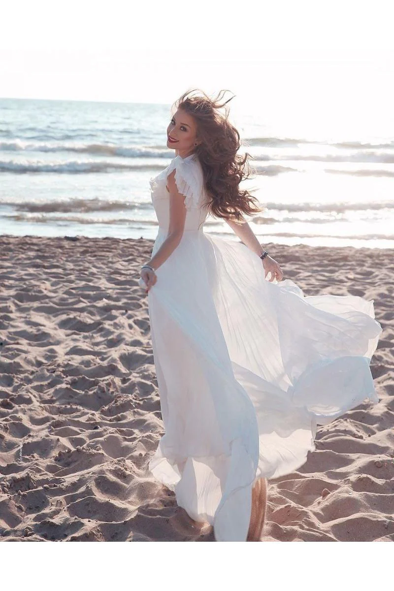 White Chiffon Ruffless Sleeves V neck Summer Beach Wedding Dress - Image 4