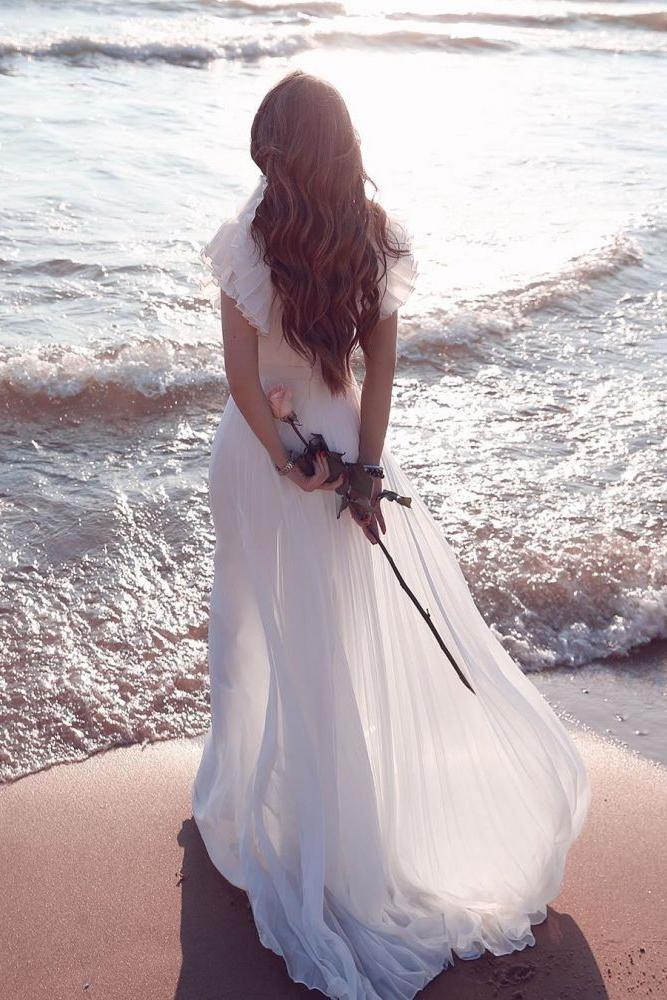 White Chiffon Ruffless Sleeves V neck Summer Beach Wedding Dress - Image 5