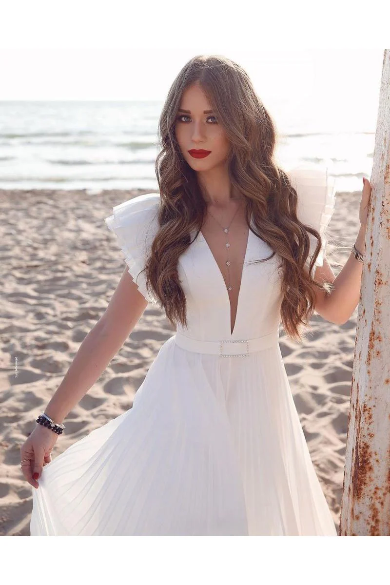 White Chiffon Ruffless Sleeves V neck Summer Beach Wedding Dress - Image 6