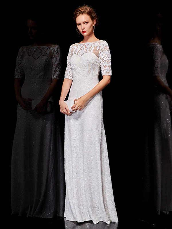 Beautiful White Evening Dresses Lace Half Sleeve Sequin Long Formal Occasion Dress - Image 2