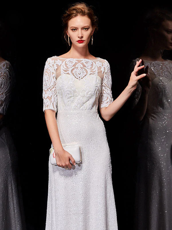 Beautiful White Evening Dresses Lace Half Sleeve Sequin Long Formal Occasion Dress - Image 4