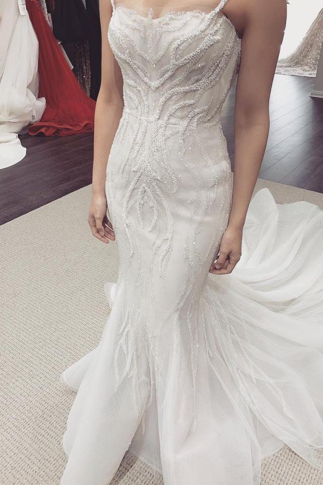 White Illusion neck White Sleeveless Mermaid Wedding Dress with Overskirt - Image 2