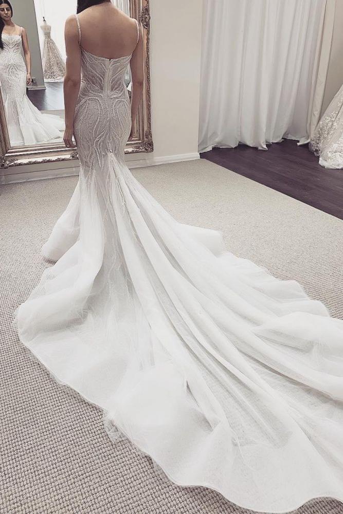 White Illusion neck White Sleeveless Mermaid Wedding Dress with Overskirt - Image 3