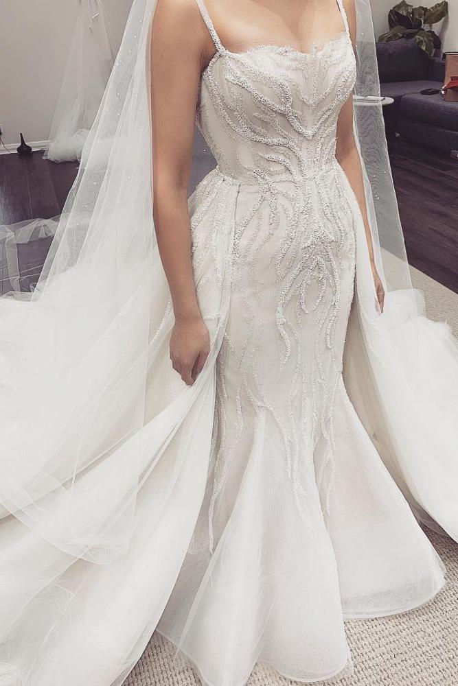White Illusion neck White Sleeveless Mermaid Wedding Dress with Overskirt - Image 4