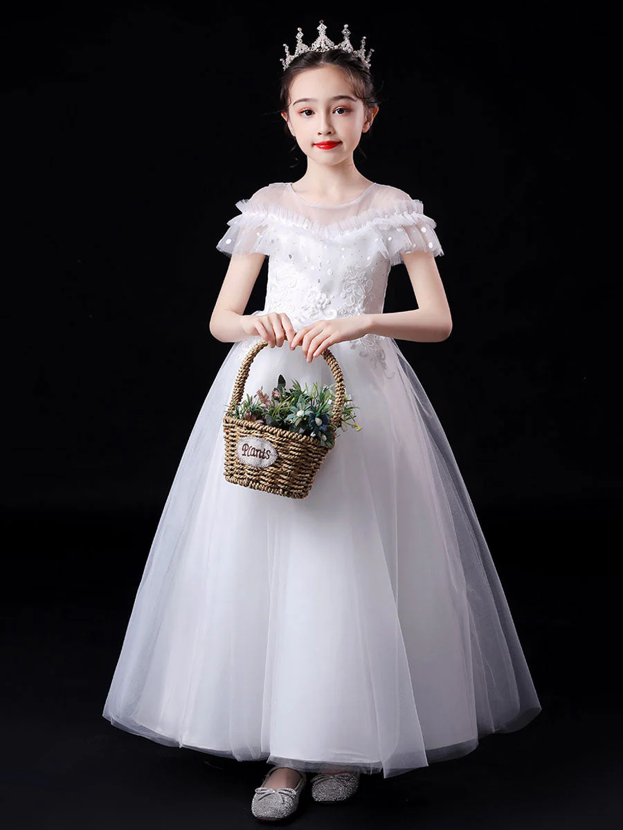 White Illusion Neckline Short Sleeves Ankle-Length Princess Dress Flowers Beaded Embellishment Tulle Kids Party Dresses - Image 2