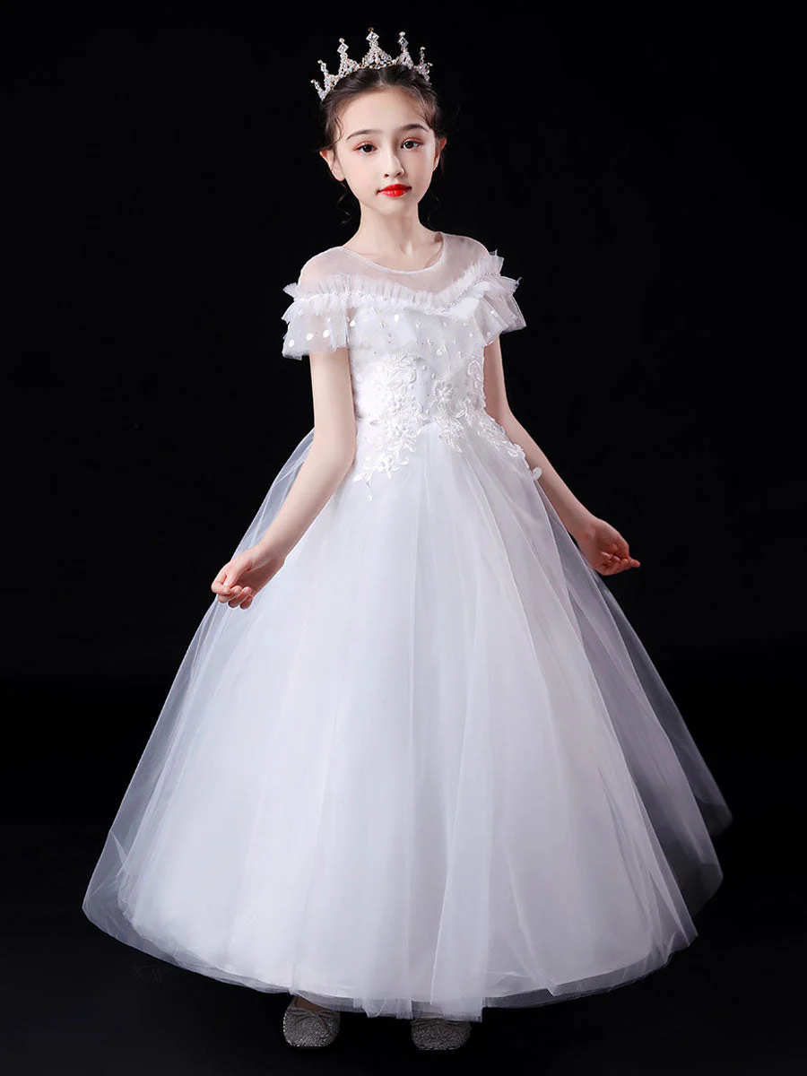 White Illusion Neckline Short Sleeves Ankle-Length Princess Dress Flowers Beaded Embellishment Tulle Kids Party Dresses - Image 3