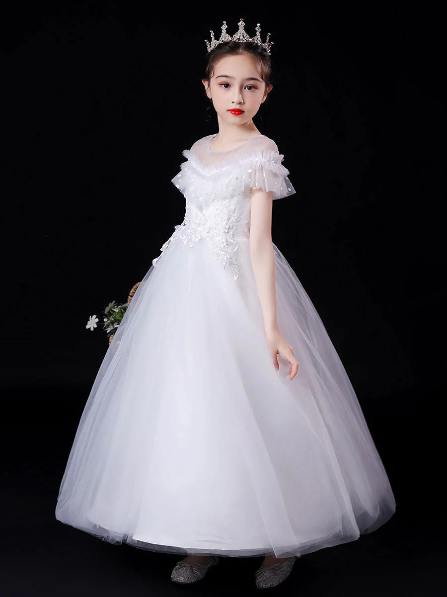 White Illusion Neckline Short Sleeves Ankle-Length Princess Dress Flowers Beaded Embellishment Tulle Kids Party Dresses - Image 4