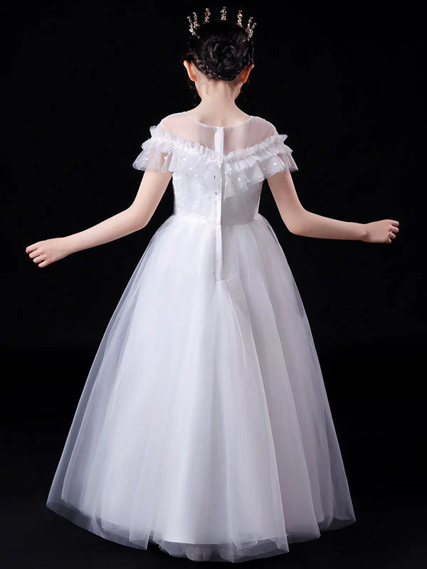 White Illusion Neckline Short Sleeves Ankle-Length Princess Dress Flowers Beaded Embellishment Tulle Kids Party Dresses - Image 5