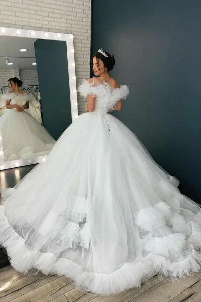 White/Ivory Off the Shoulder Puffy Tulle Lace Ball Gown Princess Bridal Gown - Image 2