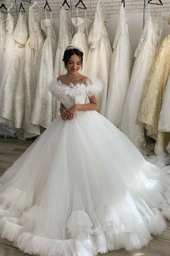 White/Ivory Off the Shoulder Puffy Tulle Lace Ball Gown Princess Bridal Gown - Image 3