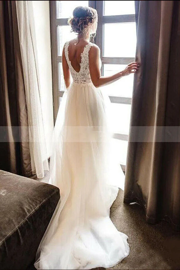White/Ivory V Neck Lace Tulle Bridal Dress Aline Beach Wedding Dress - Image 2