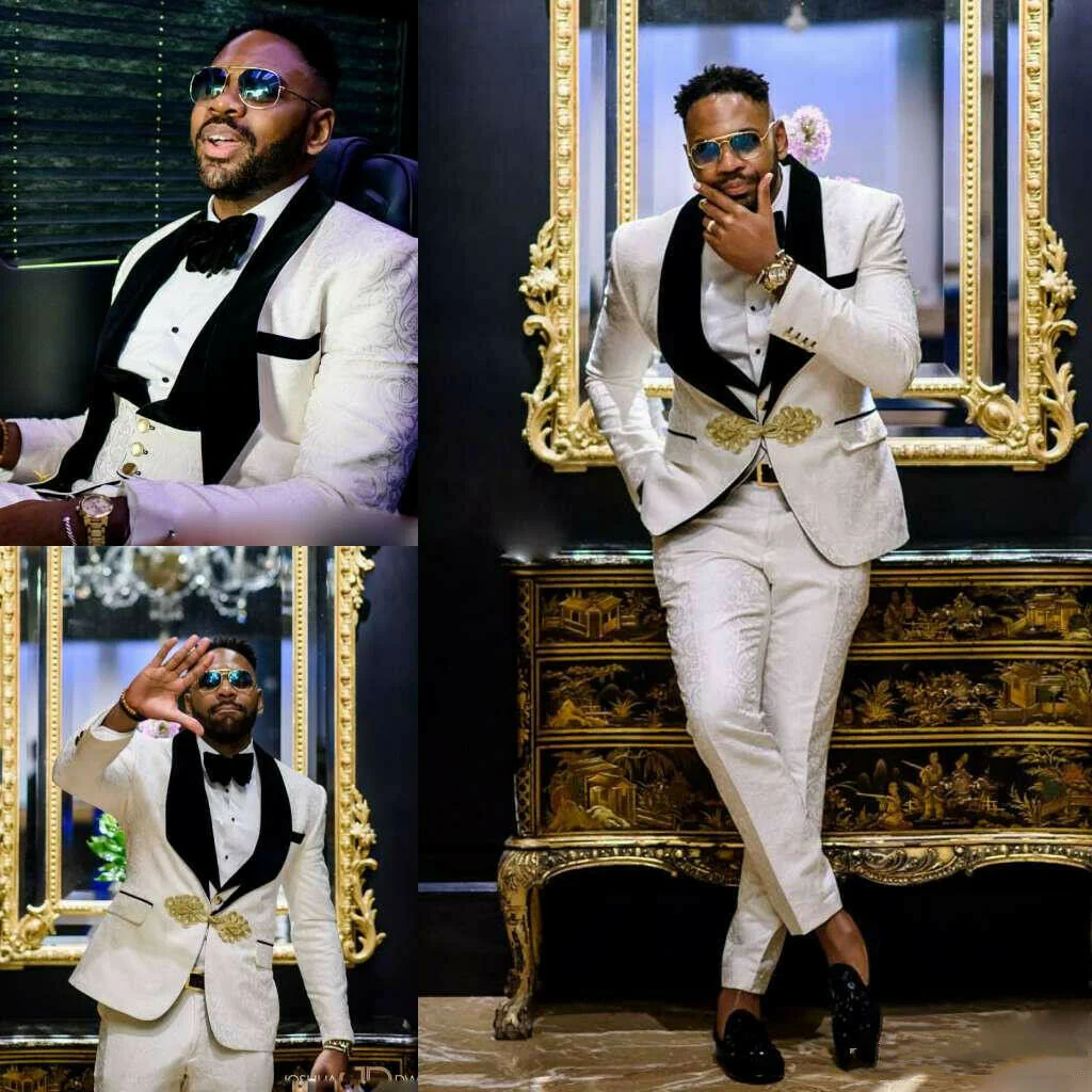 White Jacquard Black Three Piece Lapel Wedding Groom Men Suit - Image 2