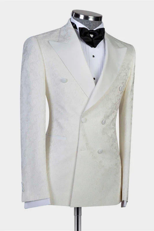 White Jacquard Double Breasted Peaked Lapel Wedding Suit for Men - Image 2