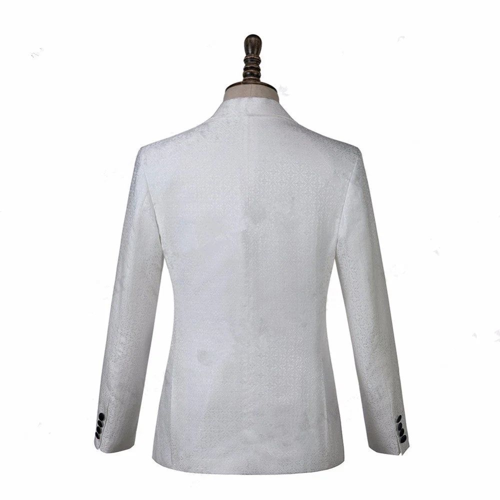 White Jacquard Knitted Button Fashion Wedding Suit - Image 2