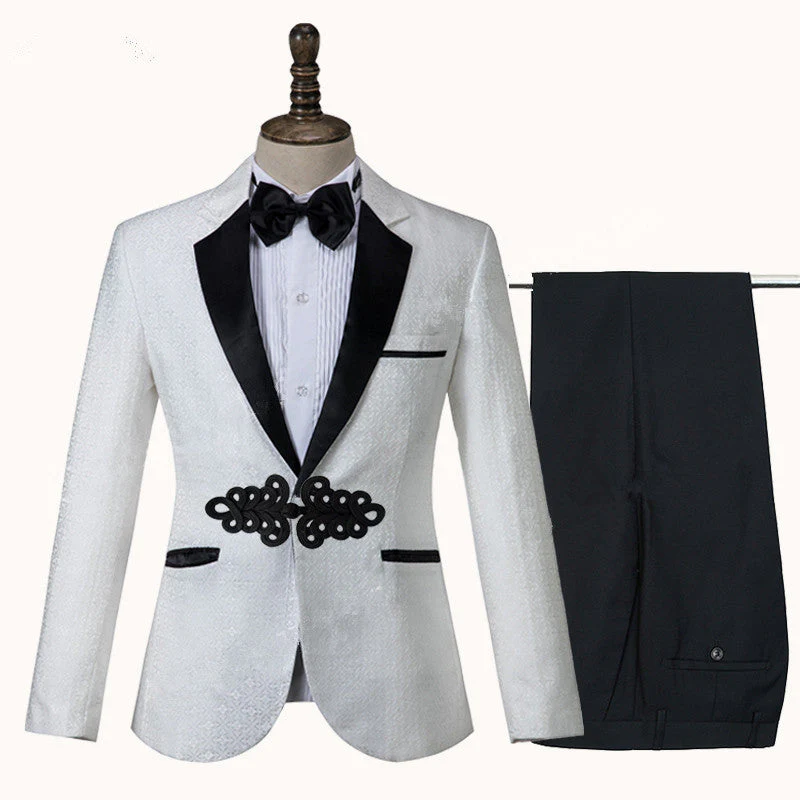 White Jacquard Knitted Button Fashion Wedding Suit - Image 3