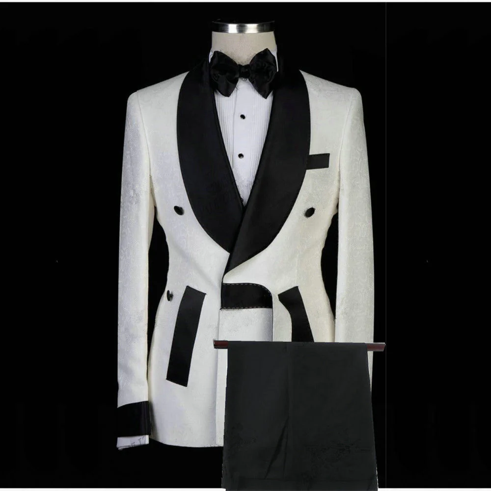 White Jacquard Shawl Lapel Fashion Men Suits for Wedding - Image 2