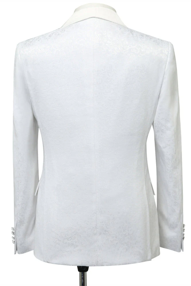 White Jacquard Slim Fit Shawl Lapel Wedding Suits - Image 2
