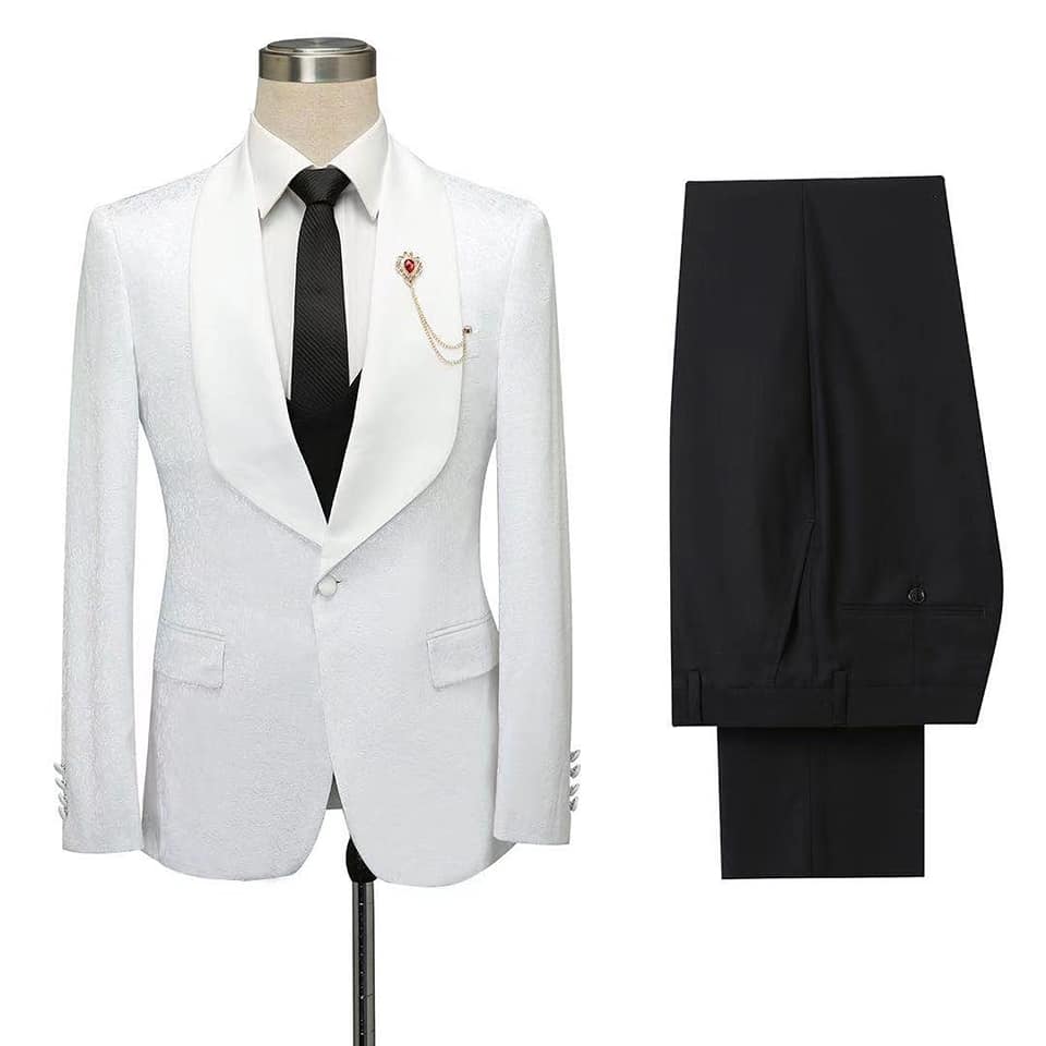 White Jacquard Slim Fit Shawl Lapel Wedding Suits - Image 5