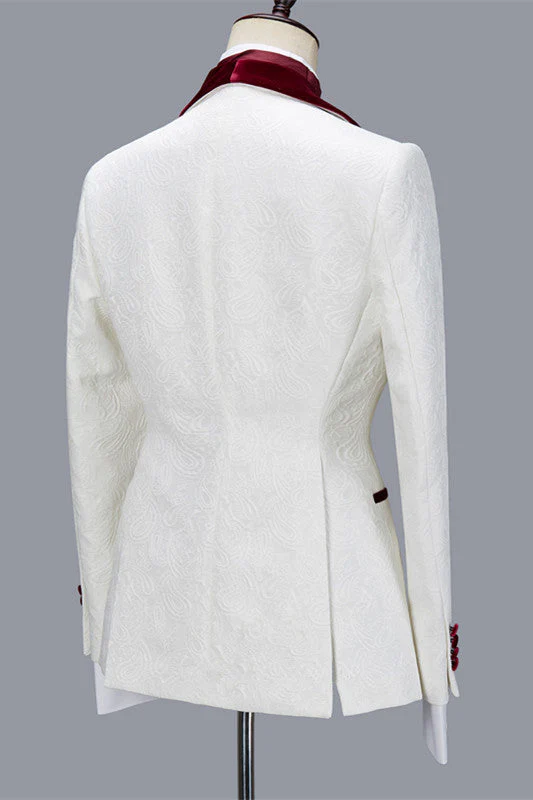 White Jacquard Three Pieces Wedding Groom Men Suits with Velvet Lapel - Image 2