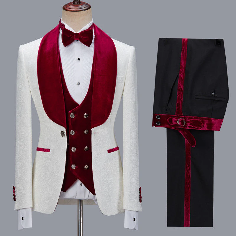 White Jacquard Three Pieces Wedding Groom Men Suits with Velvet Lapel - Image 3