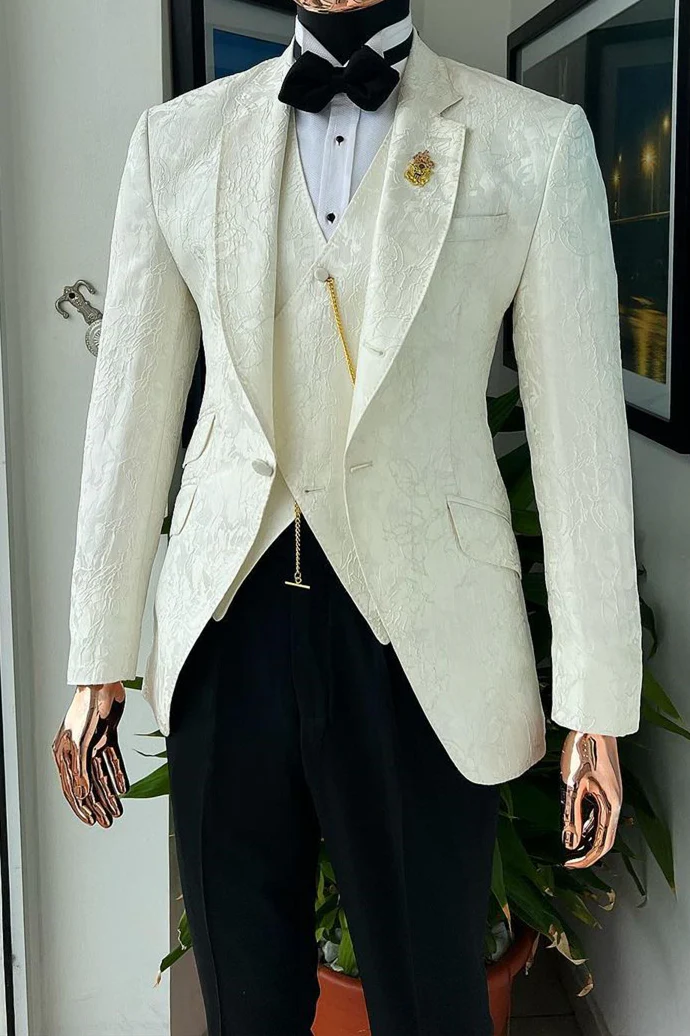 White Jacquard Wedding Suit for Groom with Waistcoat - Image 2